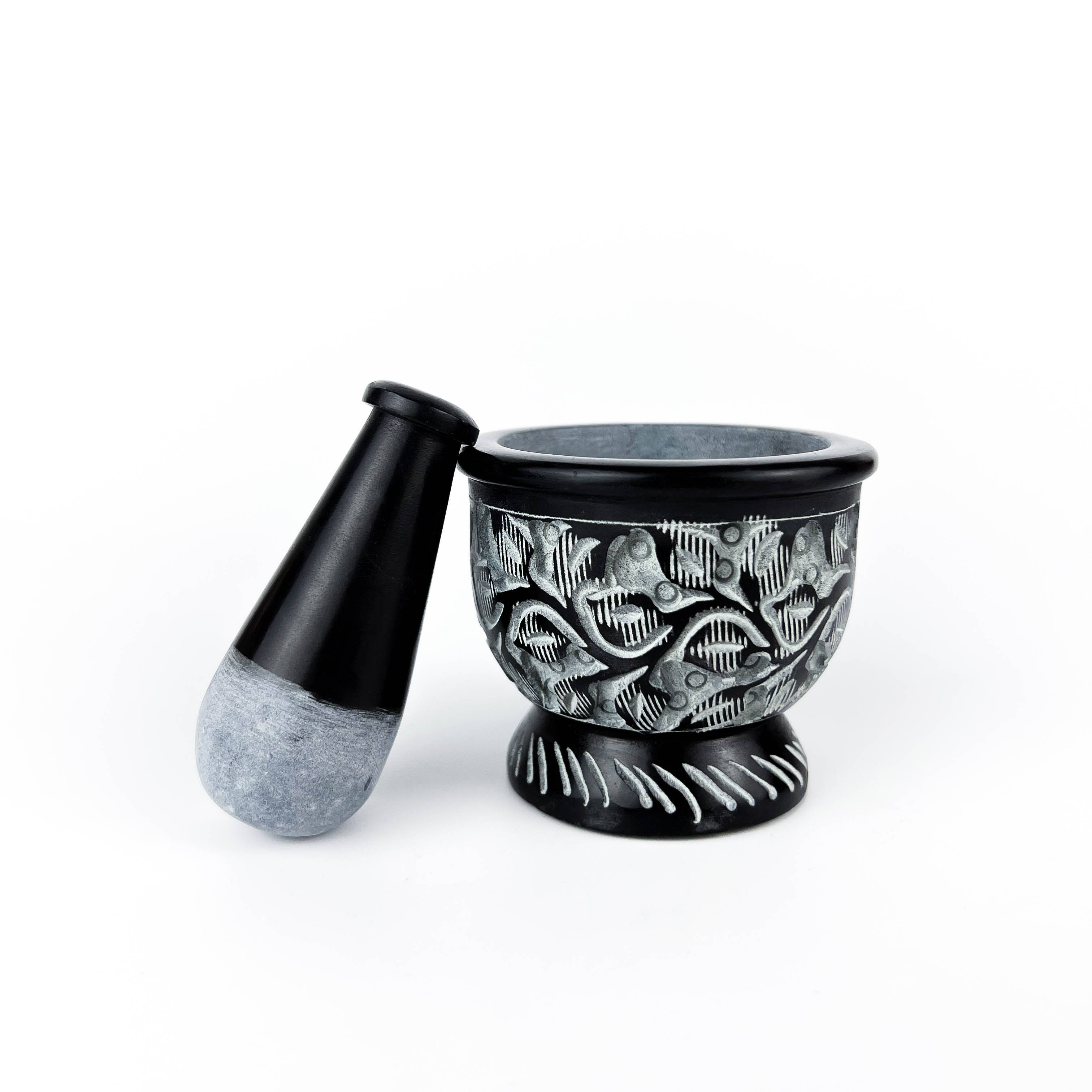 GREENROOTS USA LLC - Wholesale Mortar & Pestle - Black Carved Soapstone Mortar & Pestle 2.5"H, 3"D6