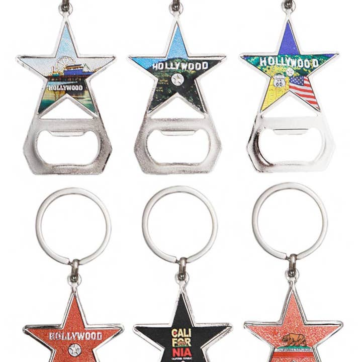 ASSORTED Hollywood California Metal Bottle Opener Key Chain for wholesale on Faire
