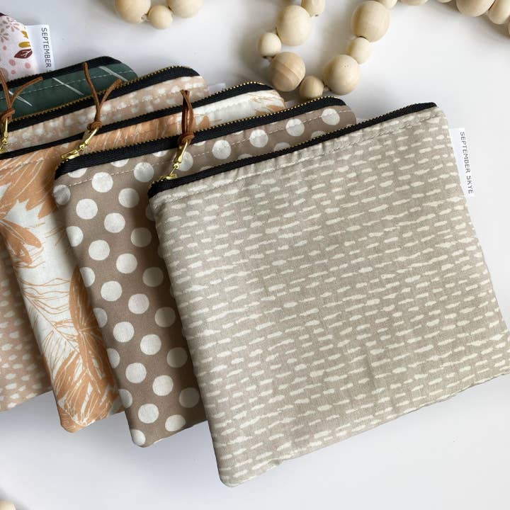 Simple zipped pouch in gray dash for wholesale by September Skye Bags & Accessories