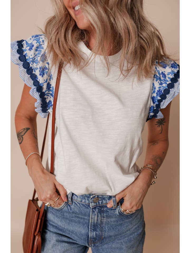 1 the Woman - Wholesale Blouse - Women's - Ricrac Trim Printed Flutter Sleeve Contrast Patchwork Blouse