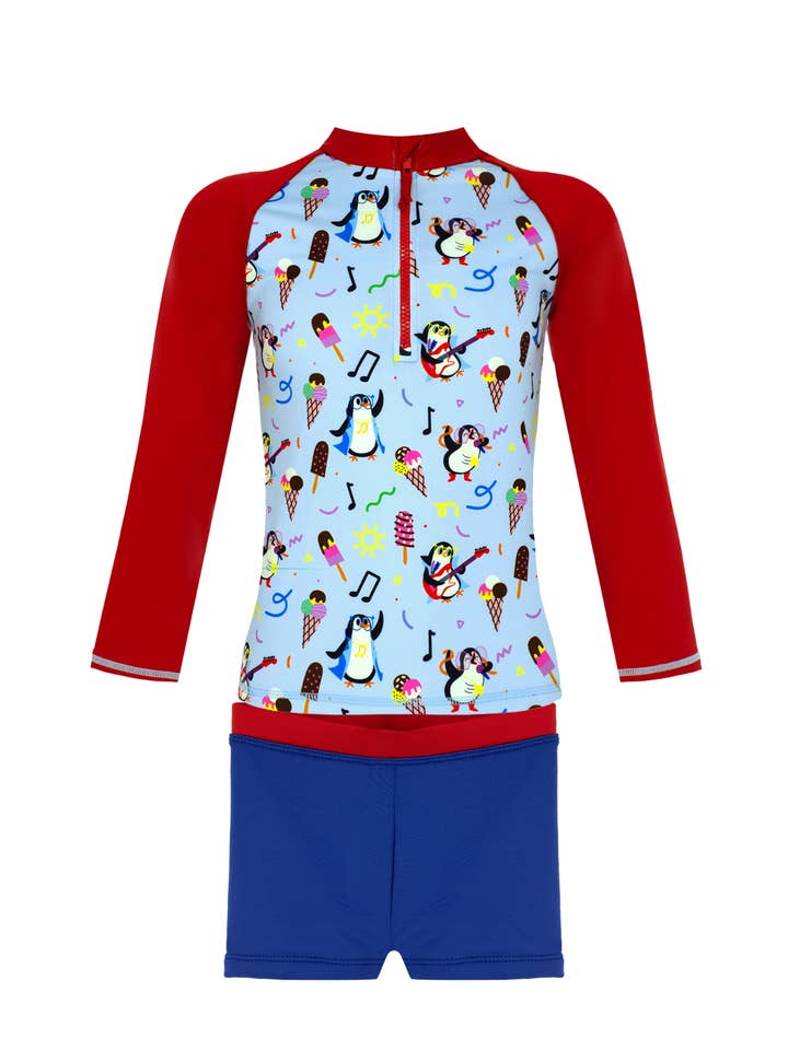 Penguin Print UPF50+ Boys Swim Set (Rashguard + Swim Trunk) for wholesale by Daring Littles