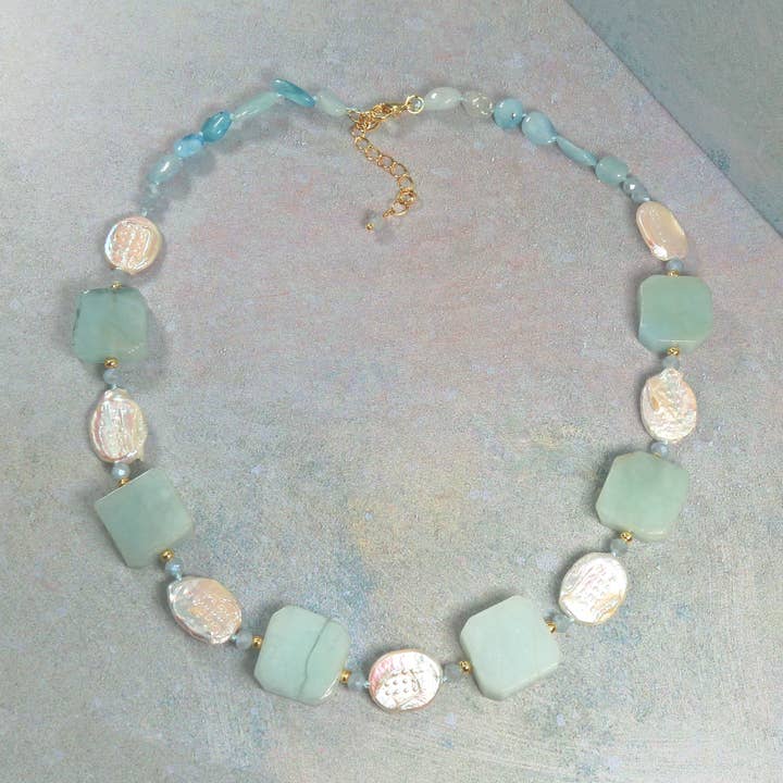 Aquamarine and Freshwater Pearls Short Necklace for wholesale by IST Jewelry