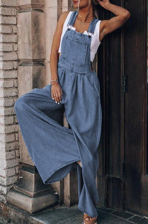 HIDDENBRAND - Wholesale Overalls - Women's - Loose overalls Big Pockets Hem Denim Wide Leg  Jumpsuit3