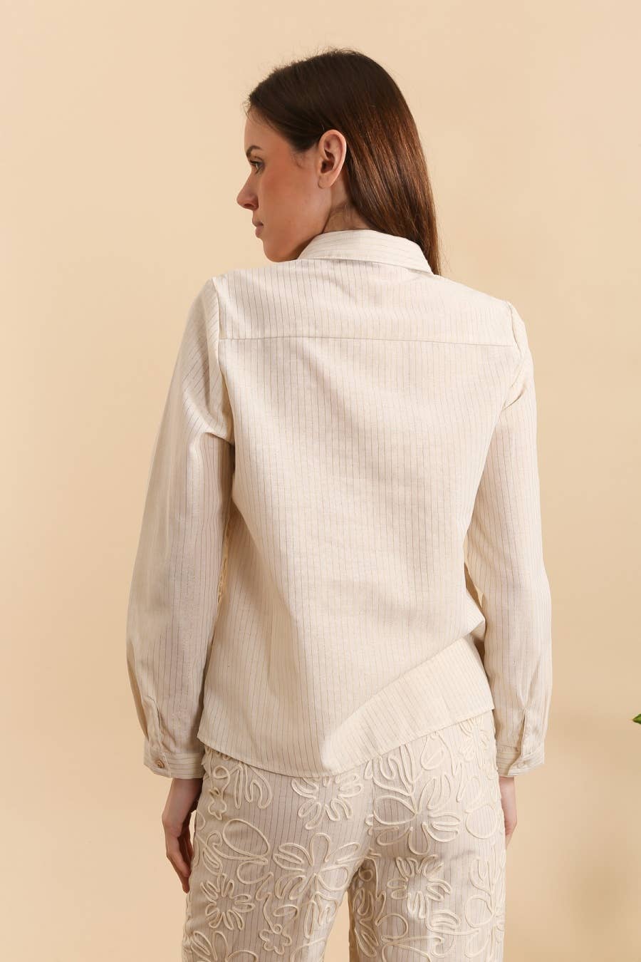 MOOYA - Vendita all'ingrosso Camicia button down - Donna - Camicia a righe maniche lunghe ricami in lino SJ0034