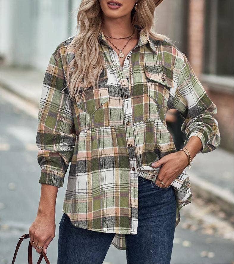 Rosa Clothing - Wholesale Button Down Shirt - Women's - Pocket long-sleeve plaid shirt jacket19