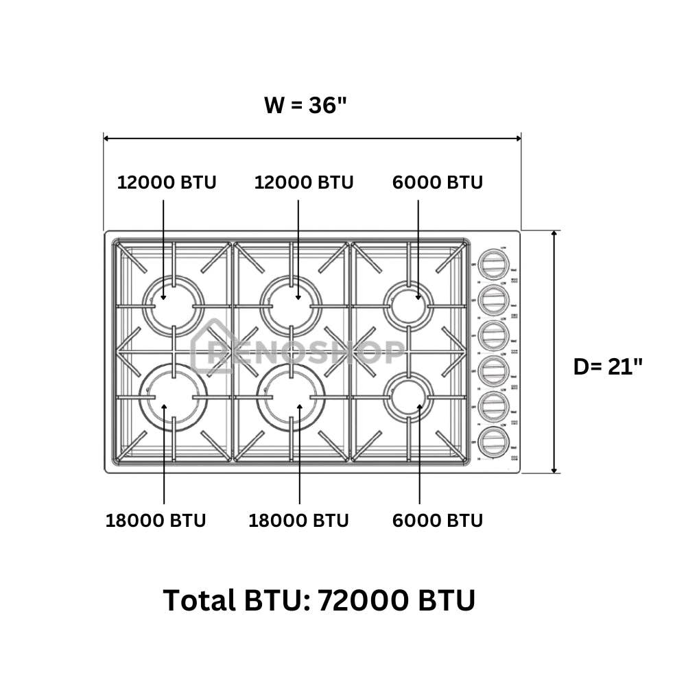 Renoshop - Wholesale Kitchen Appliance - Crown 36 Inch Professional 6 Burner Drop-In Gas Cooktop LGC36013