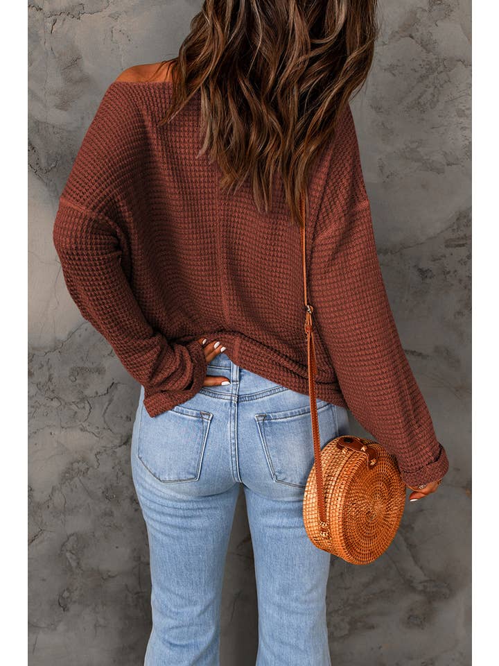 1 the Woman - Wholesale Knit Top - Women's - Waffle Knit Loose Long Sleeve Top - 6 Colors