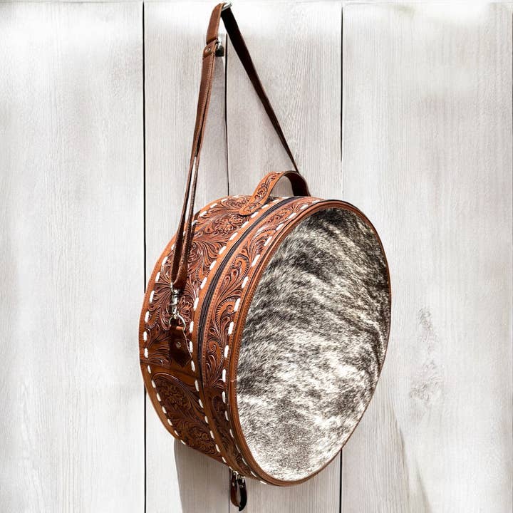 Western Linens - Wholesale Hat Box - Tooled leather & cowhide hat case 1