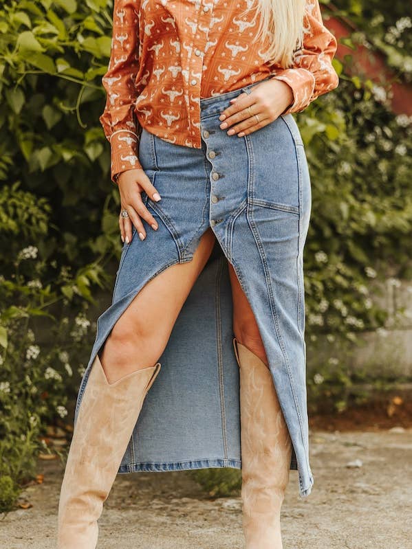 Light Wash Stretch Denim Button Down Front Slit Skirt for wholesale by LUCKY & BLESSED