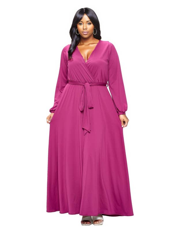 J2 FASHION - Wholesale Dress - Women's - Surplice Belted Maxi Dress