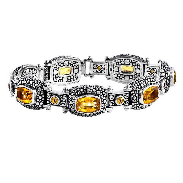 AB-6033-CO1 Sterling Silver Citrine Quartz & Smokey Quartz Textured Push-Clasp Bracelet for wholesale by Bali Designs