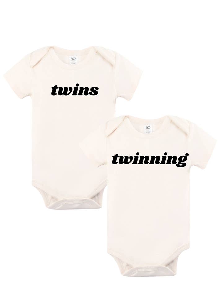 "TWINS TWINNING" Matching Twin Set Organic Baby Onesie's for wholesale by The Southern Bunny