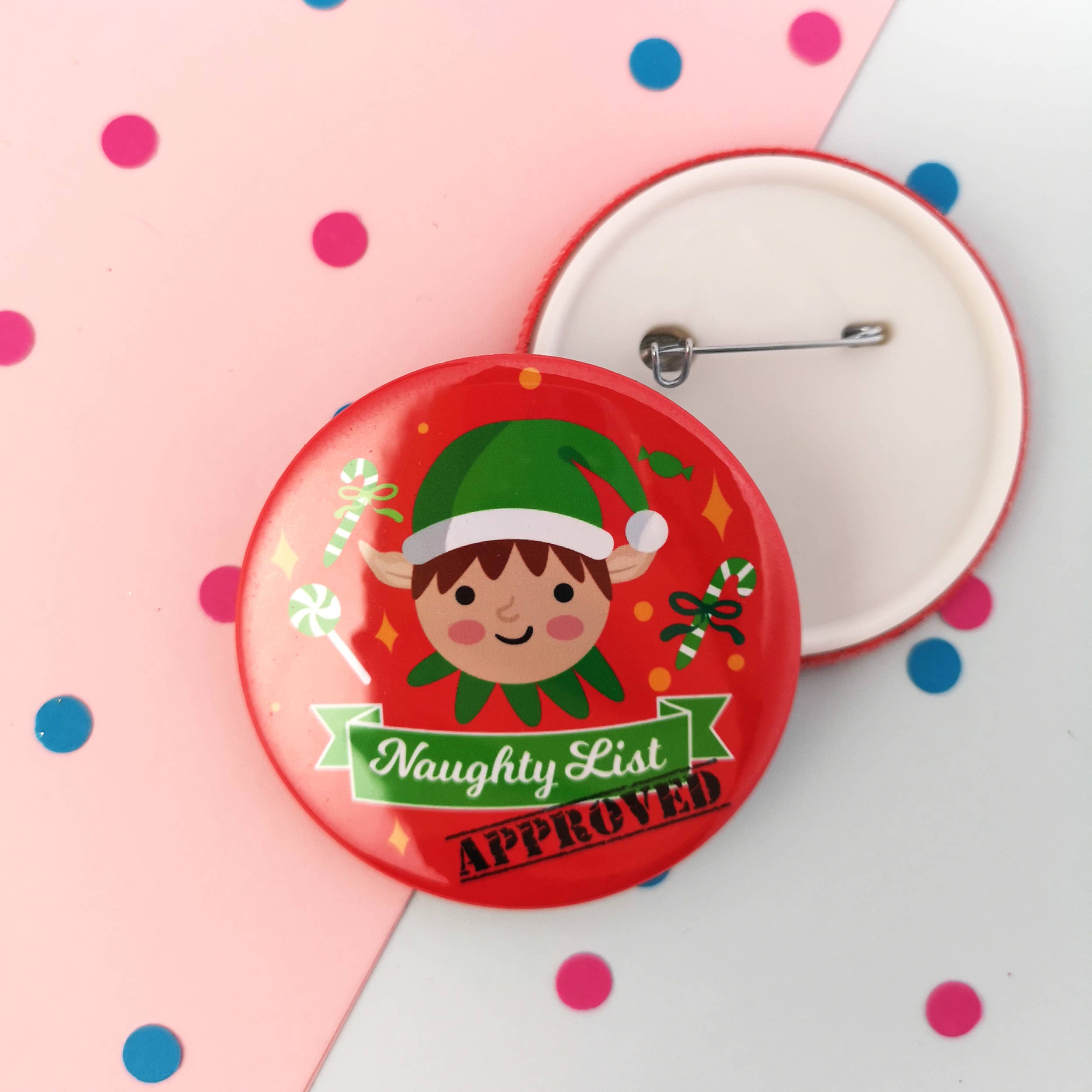 Chibi Chi Designs – wholesale Lapel pin/button – Kids – Large Naughty List Badge - Elf Design 58mm1
