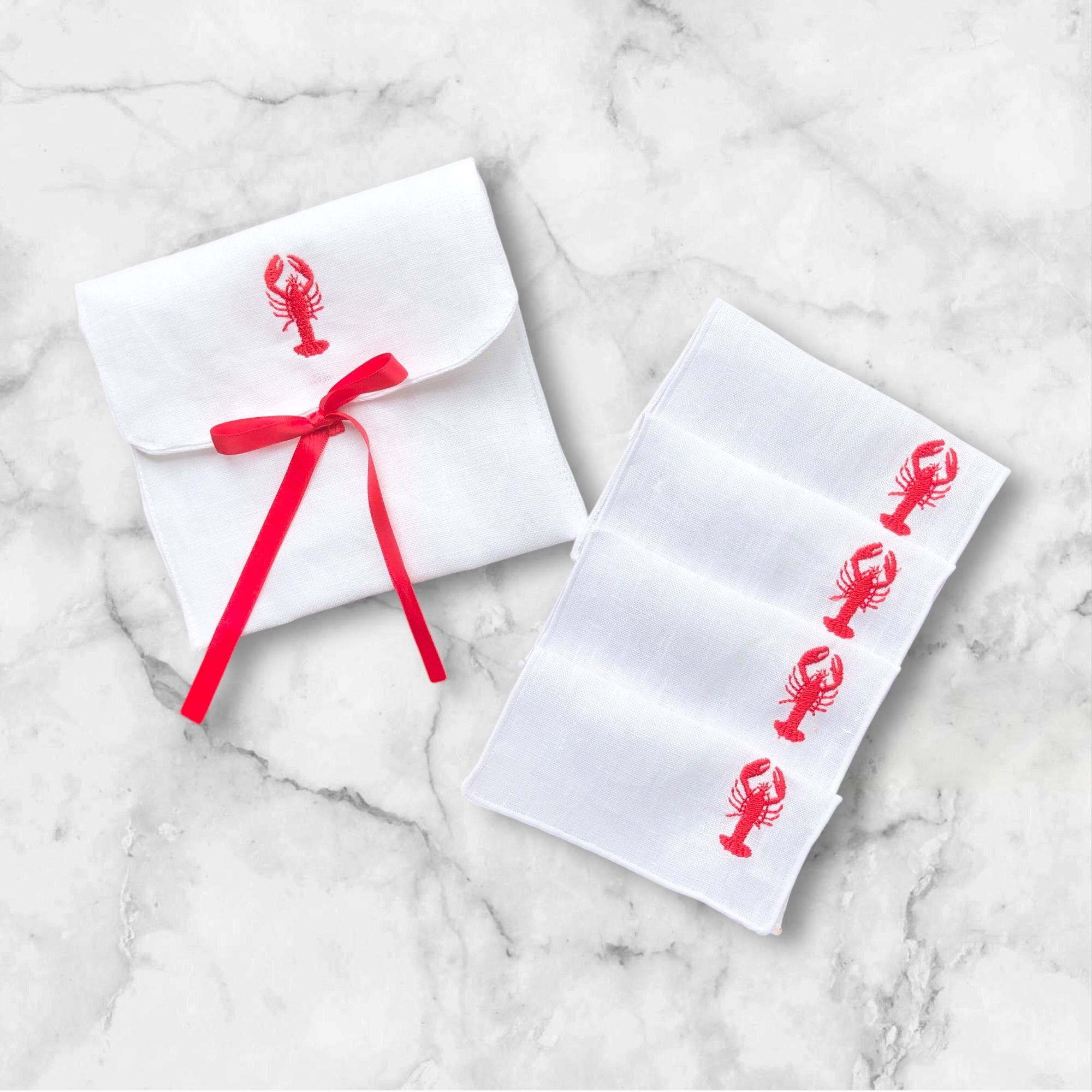 Belle Linen - Wholesale Dinner & Cloth Napkin - Set of 4 Red Lobster Embroidered Linen Cocktail Napkins5
