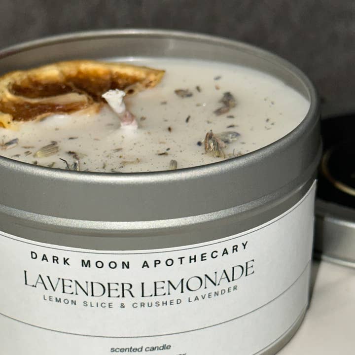 Lavender Lemonade 8oz Soy candle with lemon slice & lavender for wholesale by The Dark Moon Apothecary