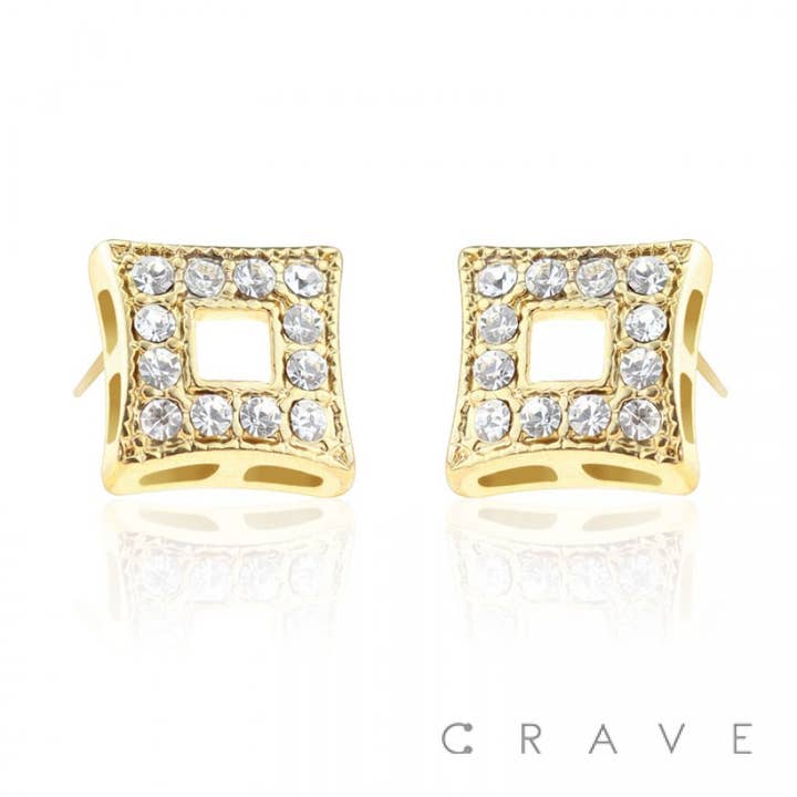 PAIRE DE BOUCLES D'OREILLES CARRÉES INCURVÉES PAVÉES DE PIERRES PRÉCIEUSES pour la vente par CRAVE