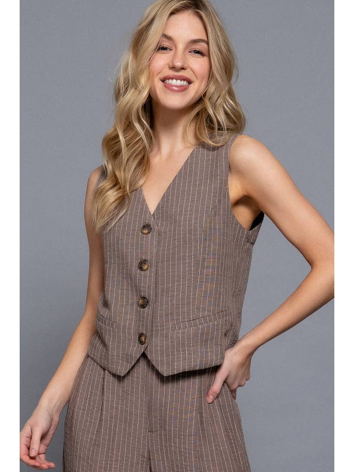 Active Basic | Active USA - Wholesale Suit Vest - Women's - V-Neckline Front Button Closure Linen Effect Vest