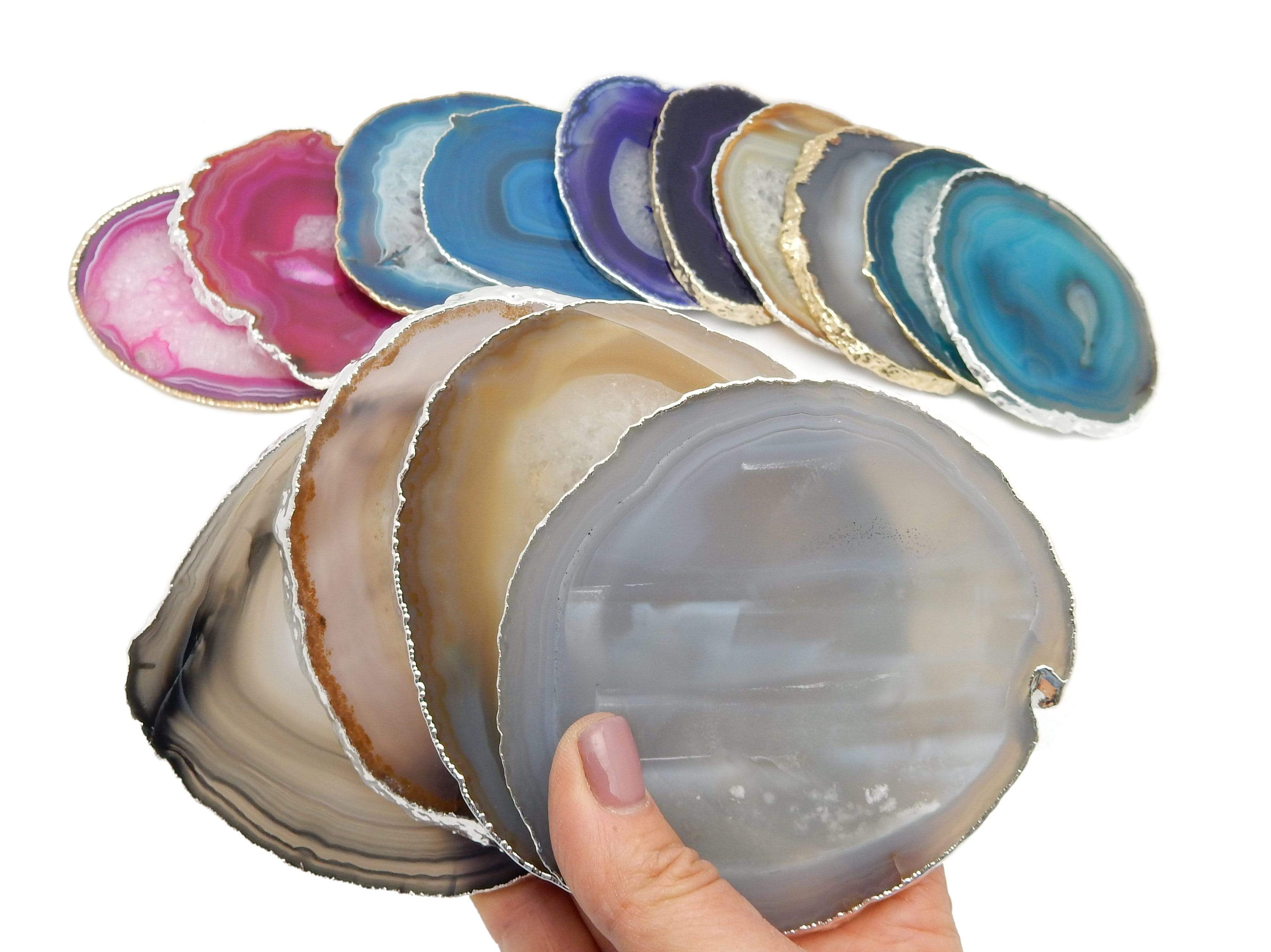 Rock Paradise - Wholesale Coasters - Set of 4 Agate Crystal Coasters Gold /Silver Electroplated 7