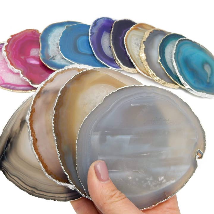 Rock Paradise - Wholesale Coasters - Set of 4 Agate Crystal Coasters Gold /Silver Electroplated 7