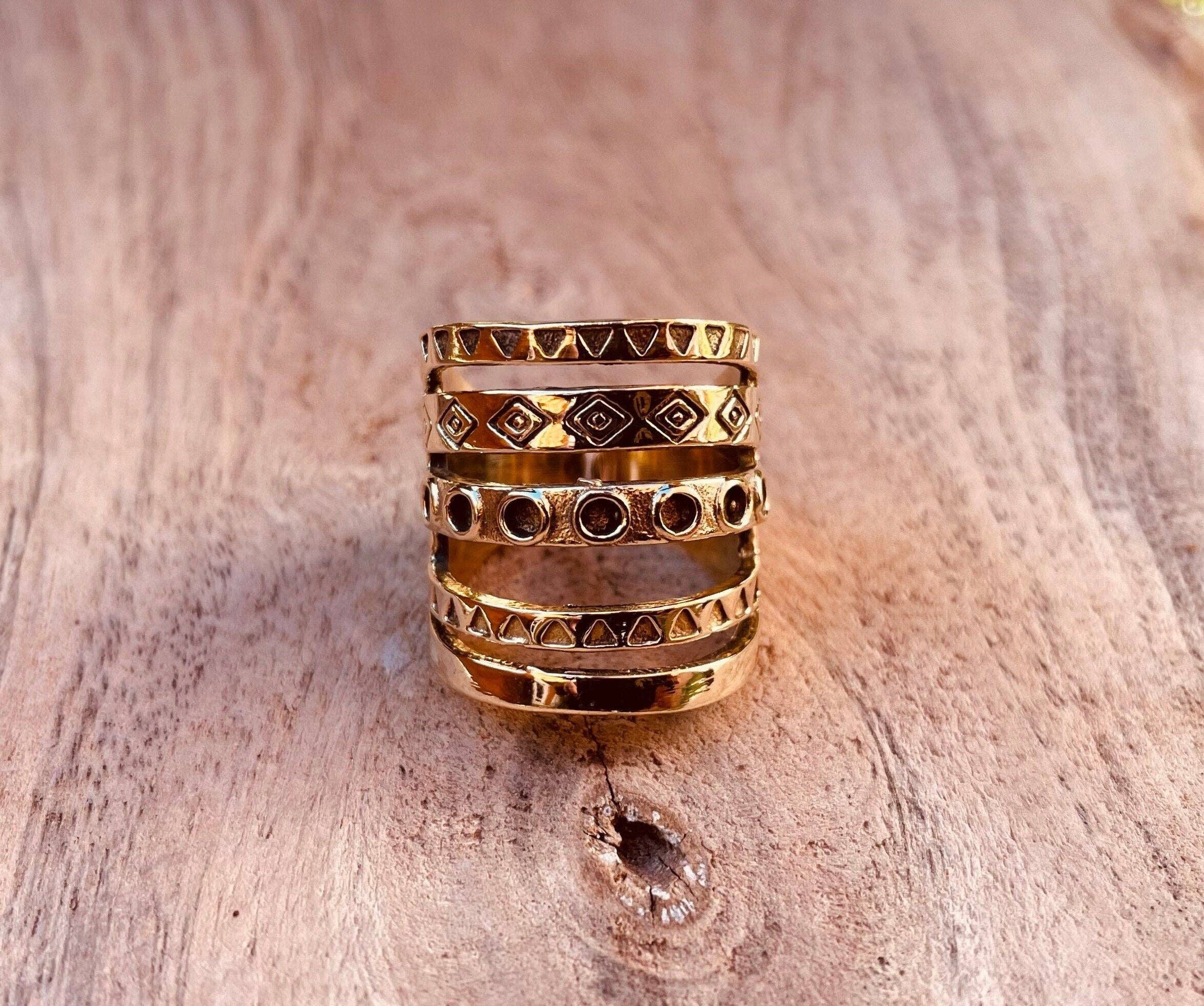 Kaali Boutique – wholesale Band/stacked ring – Aztec Brass Ring / Unisex / Mens / Large size / Geometric / Boho / Ethnic / Rustic / Festival / Bohemian / Hippie / Gypsy / Psy0