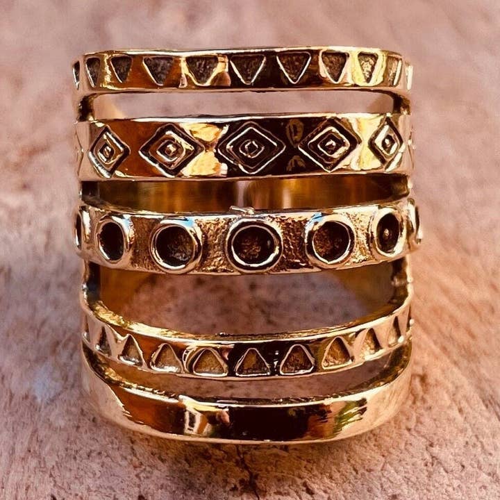 Aztec Brass Ring / Unisex / Mens / Large size / Geometric / Boho / Ethnic / Rustic / Festival / Bohemian / Hippie / Gypsy / Psy for wholesale by Kaali Boutique