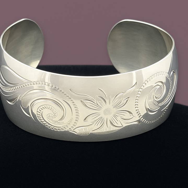 Sterling Silver Floral Engraved Cuff Bracelet for wholesale by Wilde Aesthetics