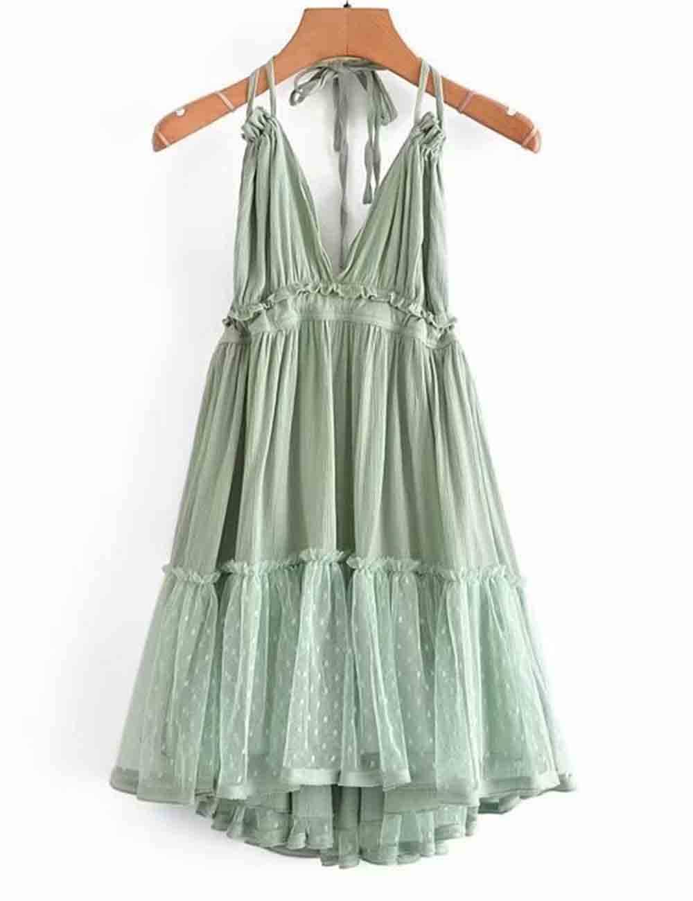 Sweetkama - Wholesale Dress - Women's - Ladies Solid Color V-Neck Mesh Dot Halter String Shoulder Mini Dress9