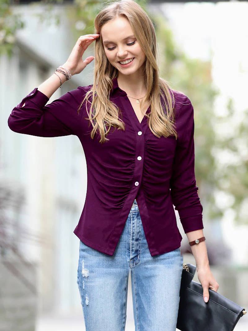 IVORY  '...._ STRETCHY BUTTON DOWN SHIRT WITH RUCHED DETAIL for wholesale on Faire3