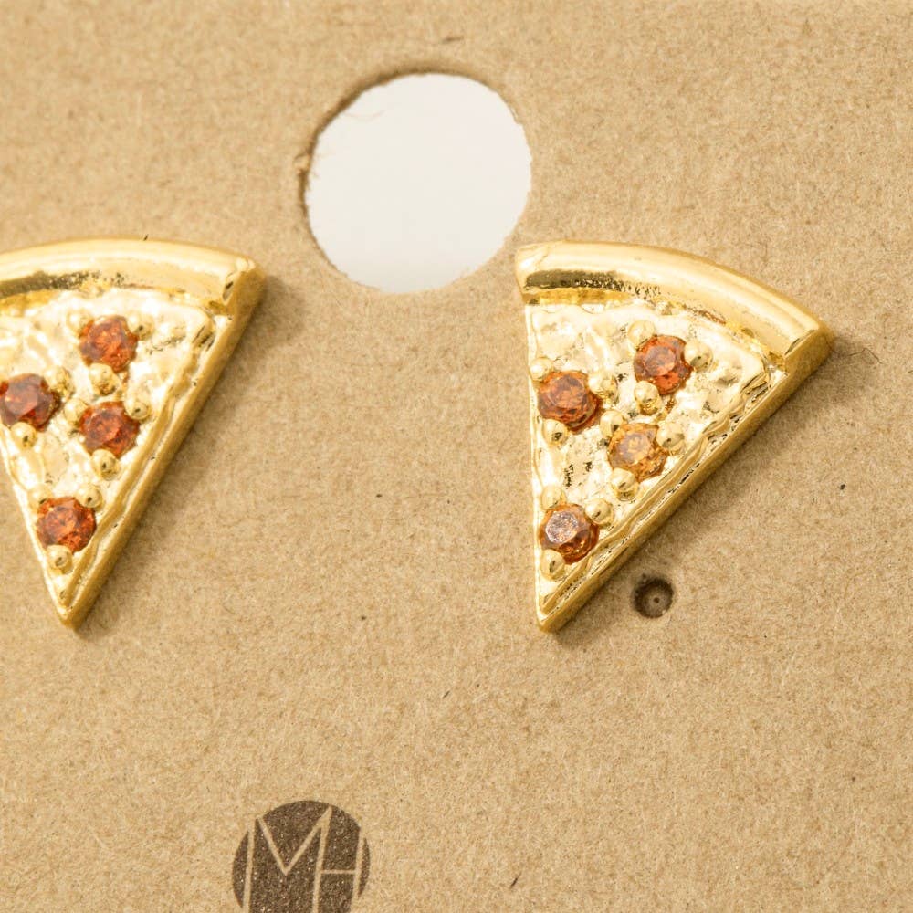 Fame Accessories - Wholesale Stud/Post Earrings - Gold Dipped Cz Pave Pizza Stud Earrings2