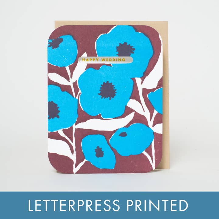 Egg Press Manufacturing - Wholesale Wedding Card - Wedding Congrats Blue Poppies Letterpress Greeting Card by Egg Press
