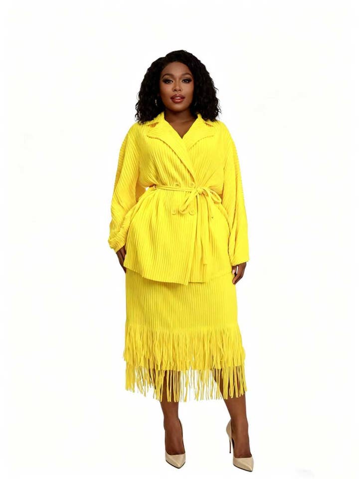 Modern Pleat Fringe Skirt Suit - 83022 for wholesale by For Her NYC