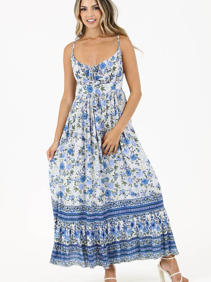 C4410-W936 ROBE MAXI IMPRIMÉE À COUPE A AVEC BUSTIER NOUÉ pour la vente par ANGIE