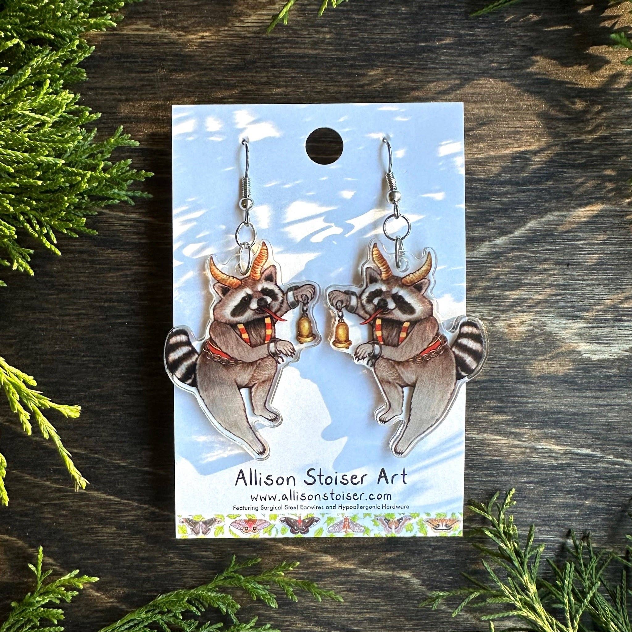 Allison Stoiser Art - Wholesale Dangle Earrings - Acrylic Krampus Raccoon Earrings