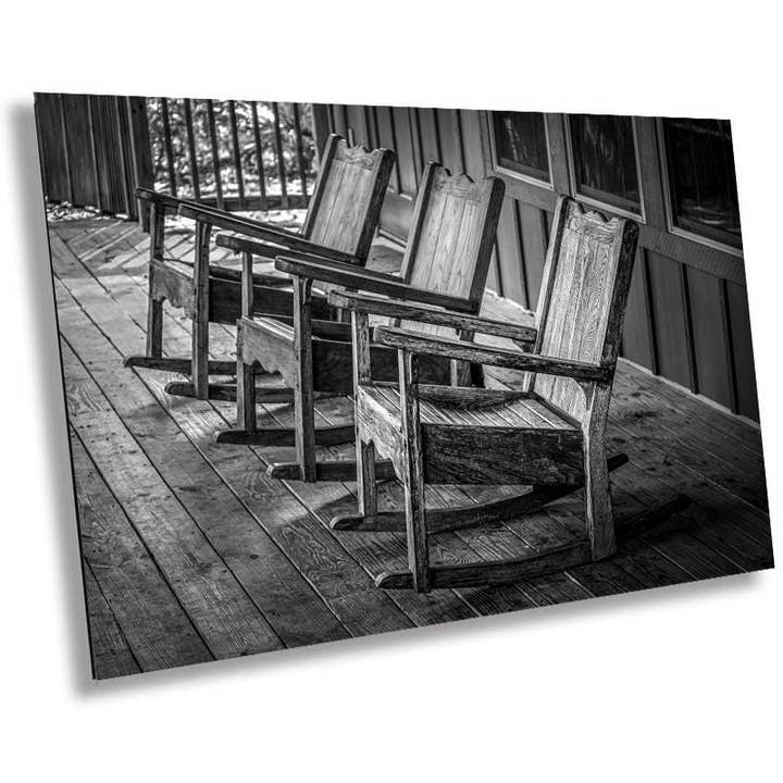 Off Your Rocker: Print Rustic Wooden Rocking Chairs in Monochrome Wall Art Abbeville Louisiana Nostalgic Photography Metal/Acrylic/Canvas for wholesale by Images By Cheri