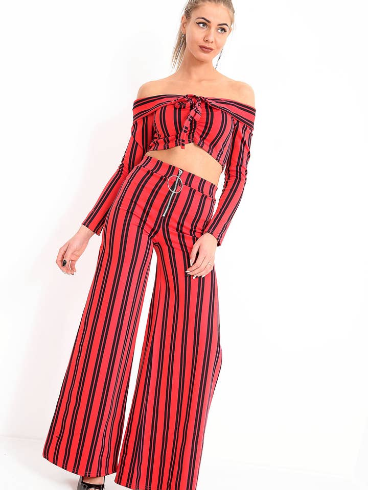 Striped Bardot Crop Top and Split Trouser Set for wholesale by Stylewise Direct