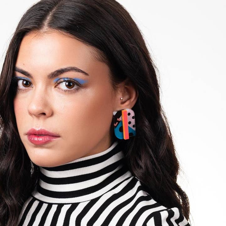 Geometric earrings with pattern and coral acrylic #NI007 for wholesale by Goiaba Design