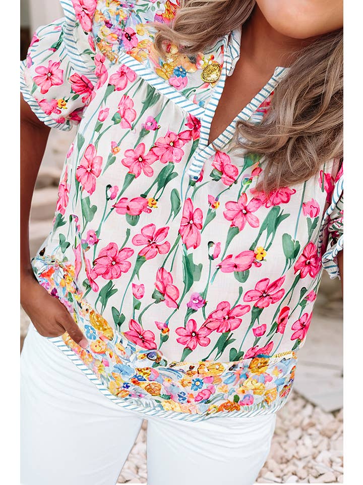 Pink LDC Floral Print Striped Trim V Neck Blouse for wholesale on Faire