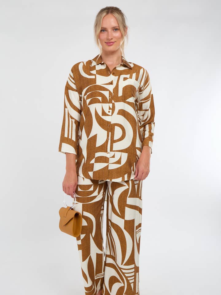Brown and Cream Abstract Geo Print Co-Ord Set for wholesale by Love Sunshine Wholesale