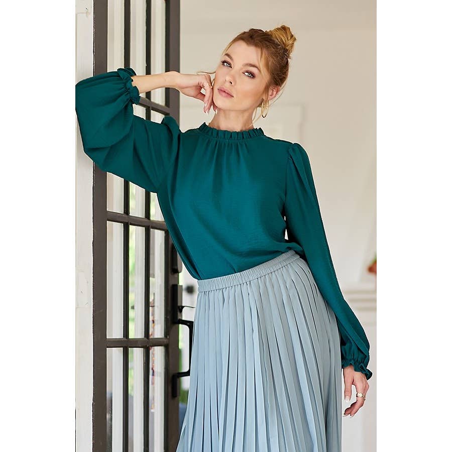 LIME N CHILI - Wholesale Blouse - Women's - Solid Ruffle Mock Neck Balloon Sleeve Blouse12