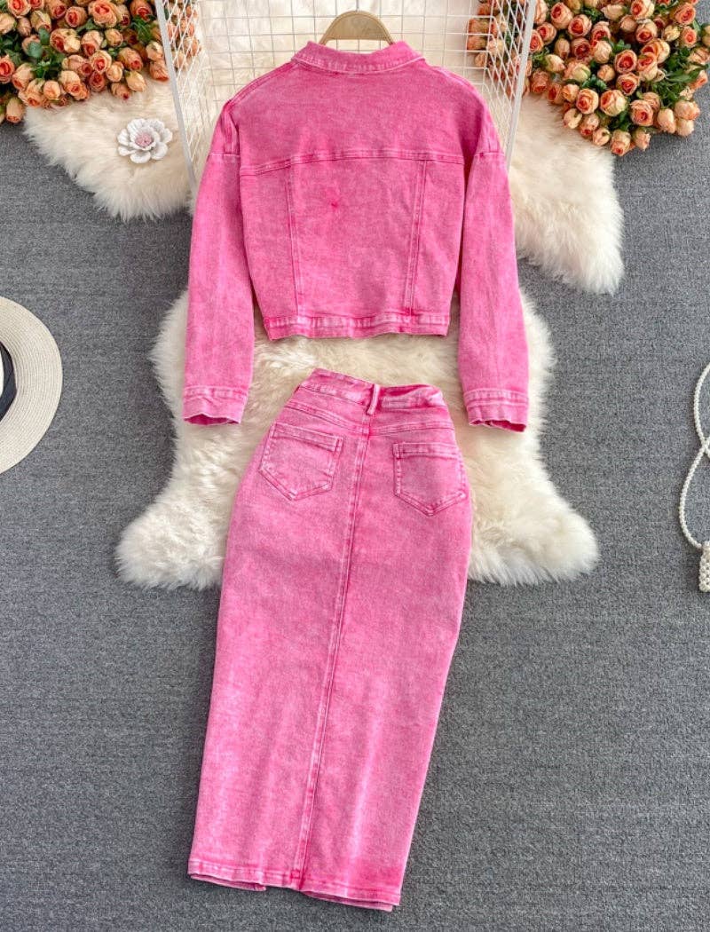 PINK Denim Cropped Jacket and Split-Hem Midi Skirt Set for wholesale on Faire3