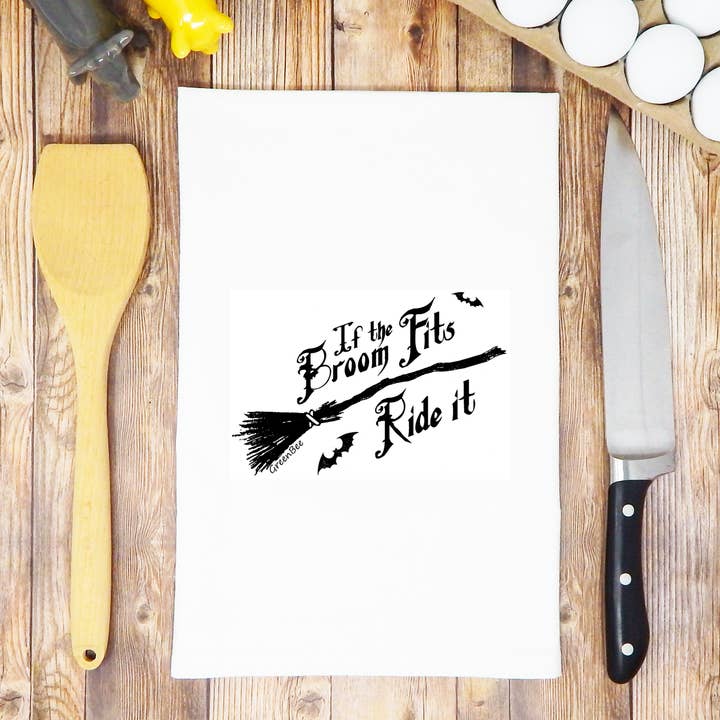 Green Bee Tea Towels - Wholesale Tea Towel - Ride Broom Dish Towel | Tea Towels | Halloween Dish Towels