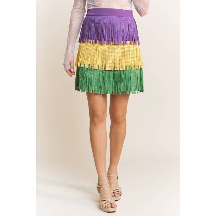 9399 Saia de Camurça com Franjas e Pedrarias Mardi Gras por atacado de Coloring You