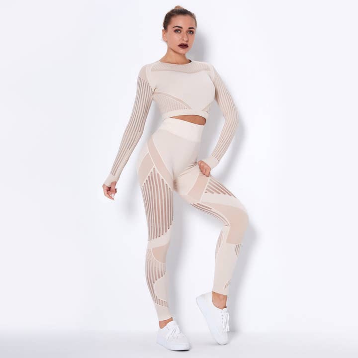 Svelte Seduction - Wholesale Activewear set – Women′s - New Seamless Net Hole Quick Drying Sports Yoga Long Sleeve Striped Fitness Trousers Yoga Suit