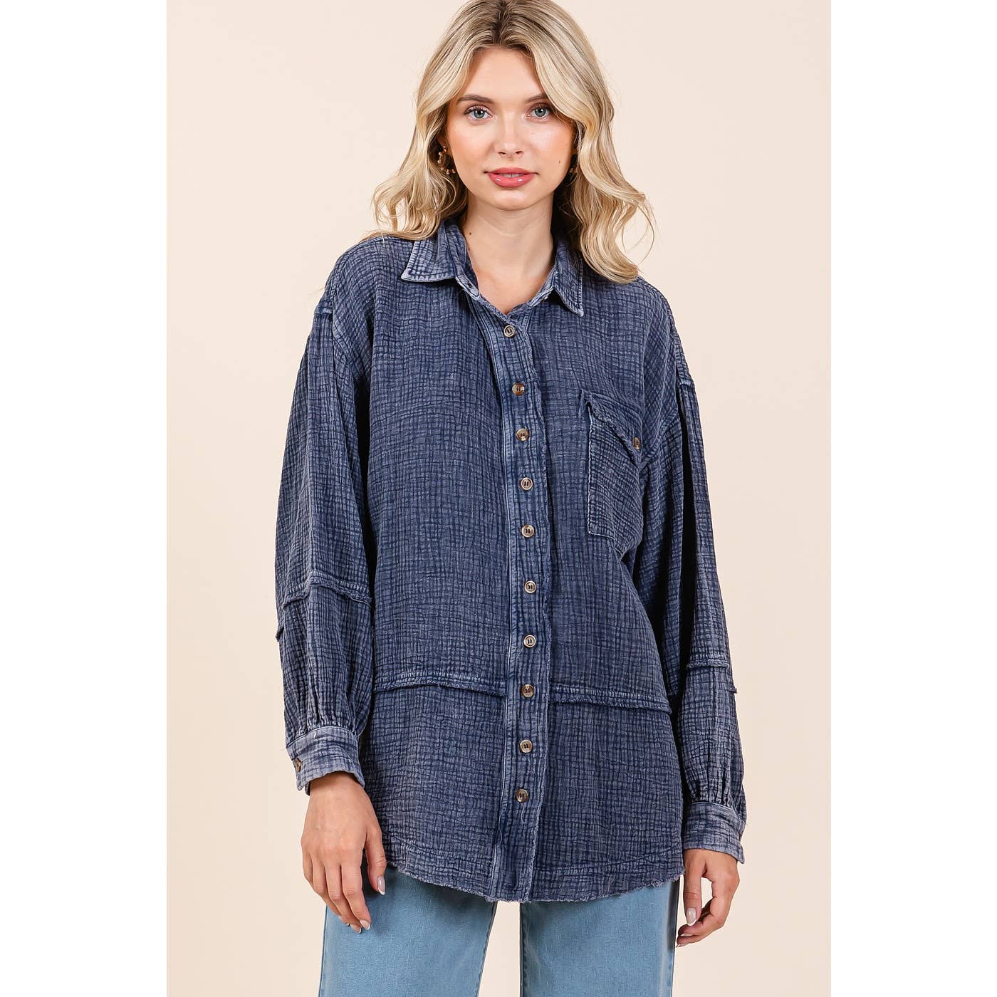 mittoshop - Venta al por mayor Camisa con botones - Mujer - CAMISA CON BOTONES DE GASA ARRUGADA Y LAVADO MINERAL0