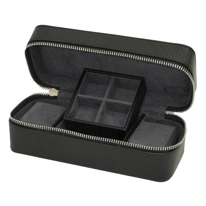 Caja para joyas/relojes de viaje de poliuretano con efecto de carbono negro 1563 para venta al por mayor de Mele and Co UK/ EU