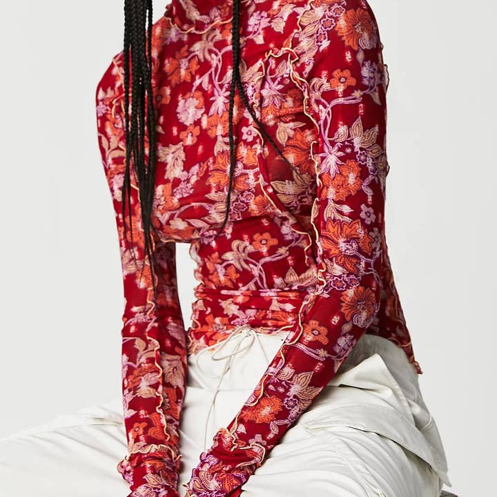 Rosa Clothing - Wholesale Knit Top - Women's - Slim-Fit Sheer Botanical Floral Print Turtleneck Top