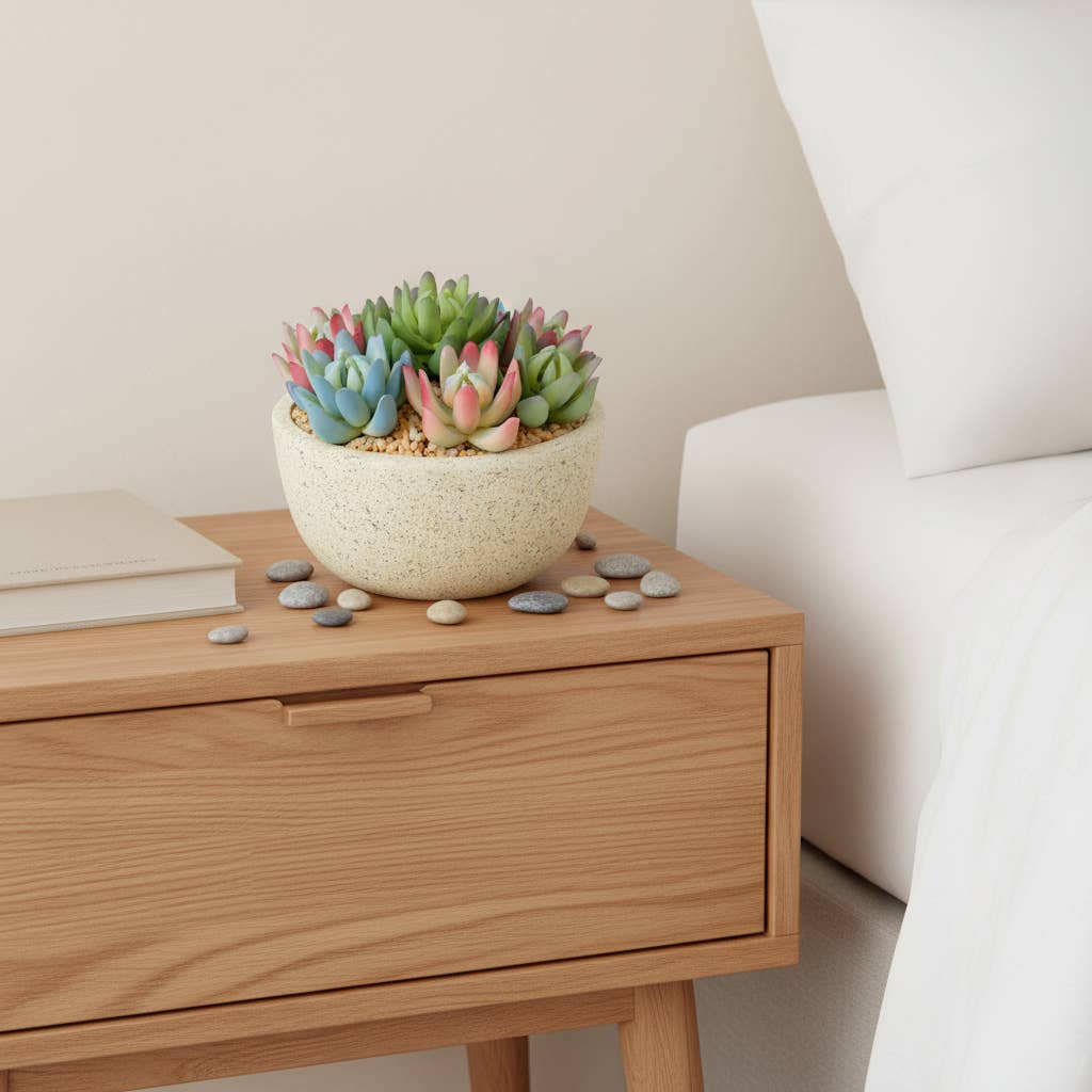 HomeRoots – wholesale Artificial plant – 6" Green And Pink Artificial Succulent Plant In Round Beige Pot1