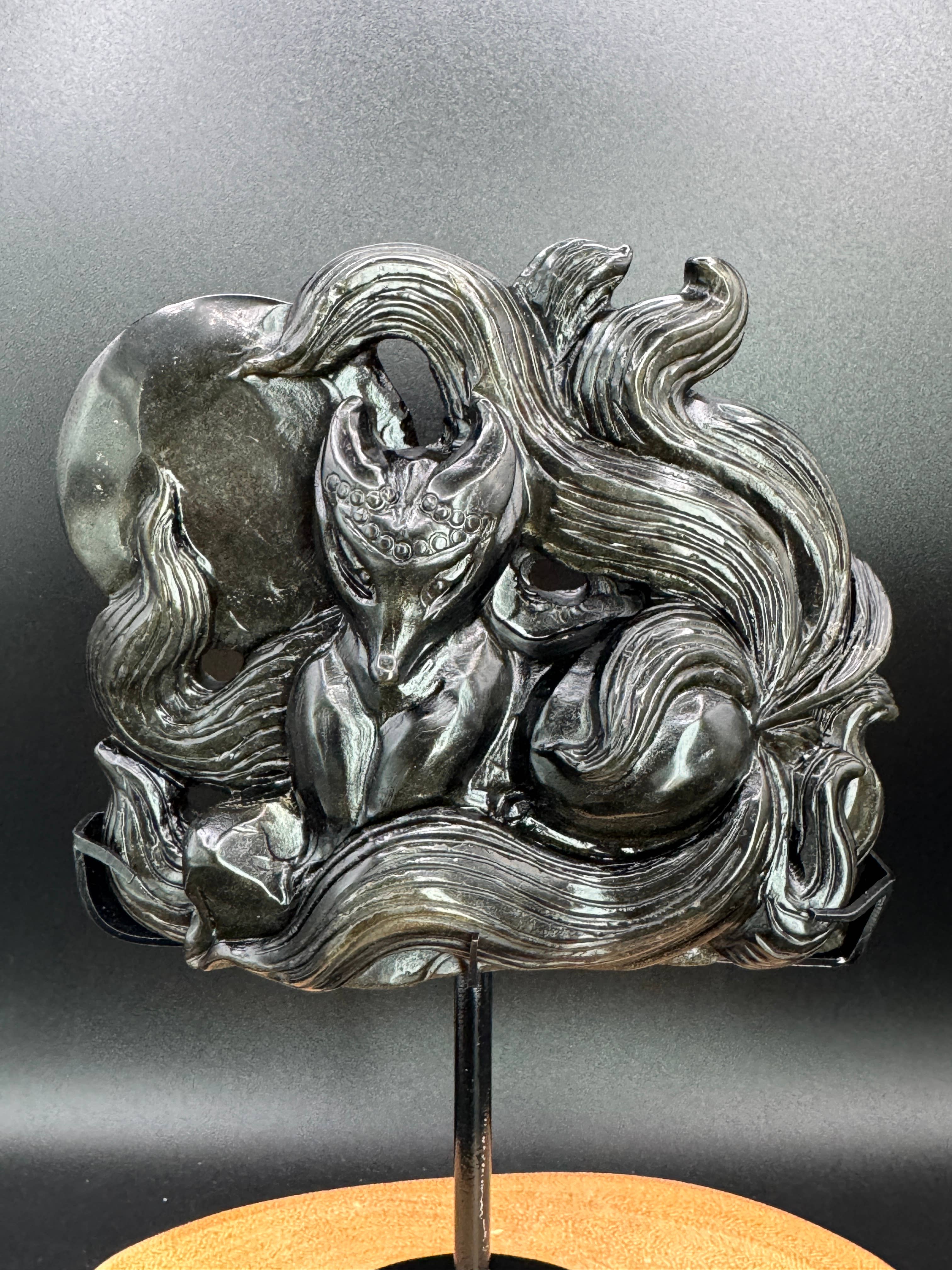 The 7 Directions - Wholesale Spiritual Stone/Crystal - Hand carved Gold Sheen Obsidian Nine tail fox H2952