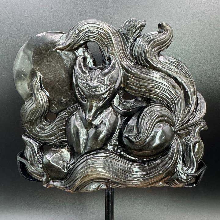 The 7 Directions - Wholesale Spiritual Stone/Crystal - Hand carved Gold Sheen Obsidian Nine tail fox H2952