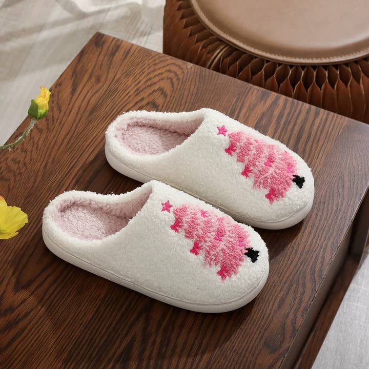 Comely Fashion – wholesale Slippers – Women's – Pink Christmas Tree Plush Home Slippers4